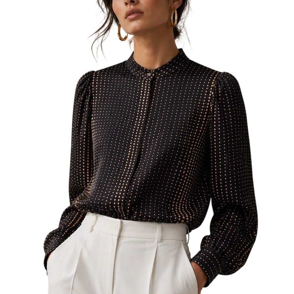 Anne Klein Black Tan Gradient Polka Dot Retro OpArt Mock Neck Pleated Blouse XXS